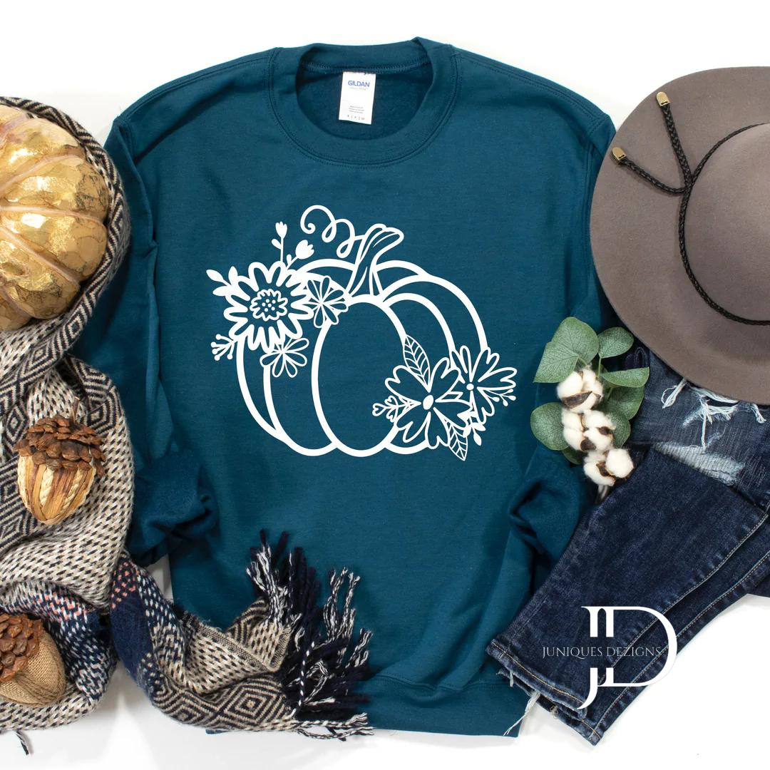 Floral Pumpkin Crew Neck Sweatshirt