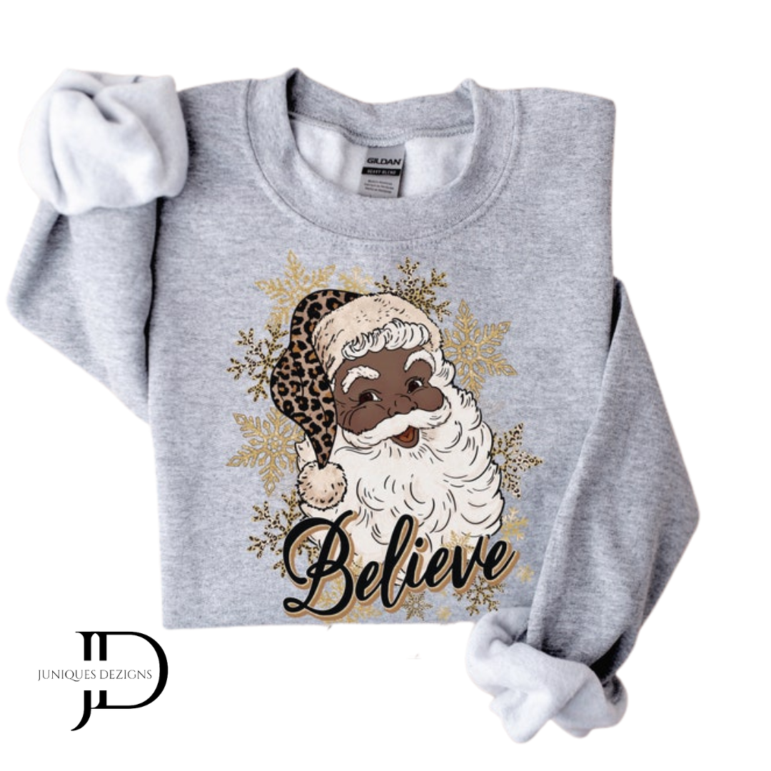 Believe Black Santa with PINK snowflakes Crewneck Sweatshirt