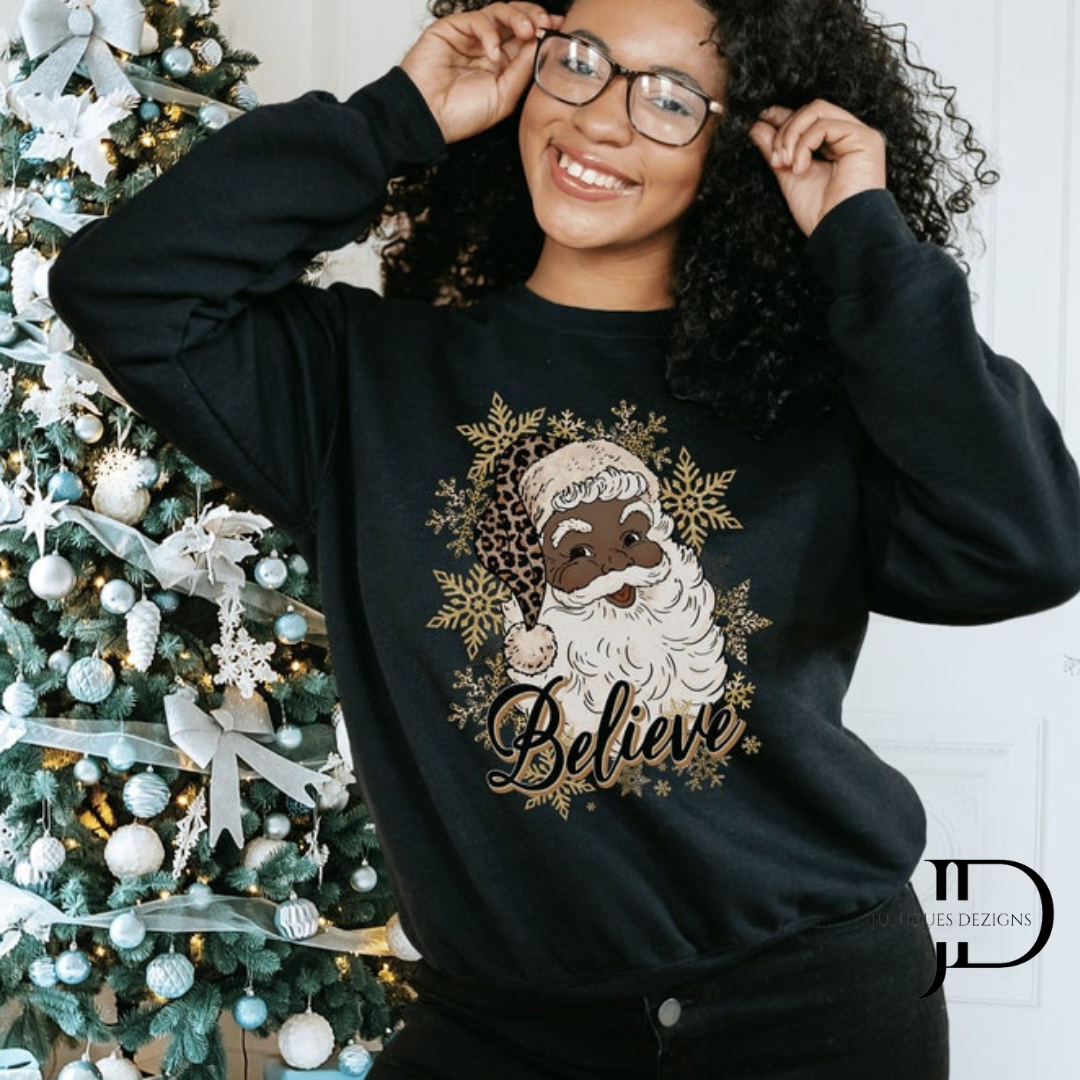 Believe Black Santa with PINK snowflakes Crewneck Sweatshirt