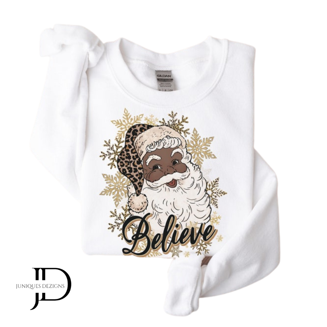 Believe Black Santa with PINK snowflakes Crewneck Sweatshirt